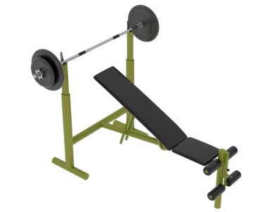 Spor salonunun 3D çizimi, spor aletleri, ayarlanabilir spor bankları. 