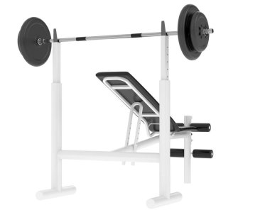 Spor salonunun 3D çizimi, spor aletleri, ayarlanabilir spor bankları. 