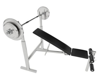 Spor salonunun 3D çizimi, spor aletleri, ayarlanabilir spor bankları. 