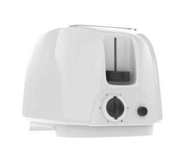 Ekmek kızartma makinesi ve mutfak aletleri beyaz arkaplanda izole edilmiş