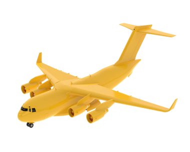 Sarı c17 düzleminin 3 boyutlu çizimi. büyük askeri nakliye uçakları beyaz arka planda izole edildi 