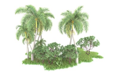 Beyaz arka planda izole edilmiş palmiye ağaçları adası. 3d görüntüleme - illüstrasyon