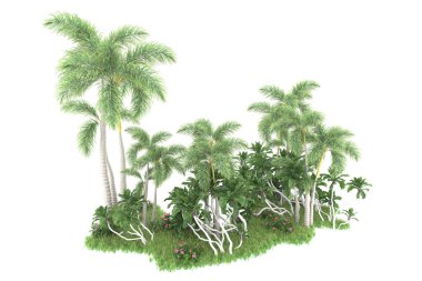 Beyaz arka planda izole edilmiş palmiye ağaçları adası. 3d görüntüleme - illüstrasyon