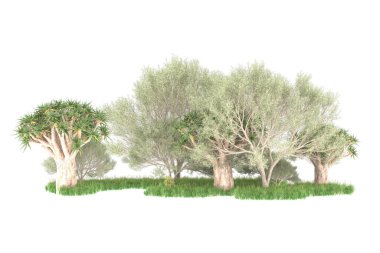 Beyaz arkaplanda izole edilmiş yeşil ağaçların 3d görüntülenmesi