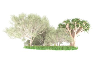 Beyaz arkaplanda izole edilmiş yeşil ağaçların 3d görüntülenmesi