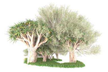 Beyaz arkaplanda izole edilmiş yeşil ağaçların 3d görüntülenmesi