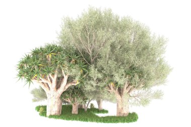 Beyaz arkaplanda izole edilmiş yeşil ağaçların 3d görüntülenmesi