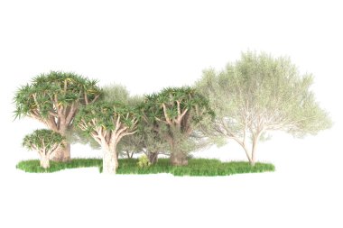Beyaz arkaplanda izole edilmiş yeşil ağaçların 3d görüntülenmesi