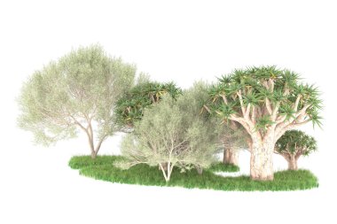 Beyaz arkaplanda izole edilmiş yeşil ağaçların 3d görüntülenmesi