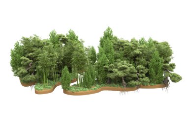 Beyaz arka planda ağaçlar olan bir ada. 3d görüntüleme - illüstrasyon