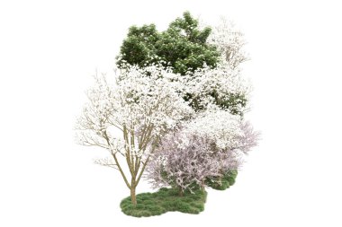 Beyaz arkaplanda yeşil çiçekli ağaçlar 