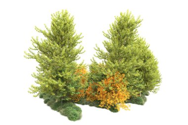 Beyaz üzerine izole ahşap ağaçlar, kopyalama alanı için arkaplan