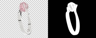 Yüzüklerin 3 boyutlu modelleri. Pembe değerli taşlı beyaz altın yüzük.