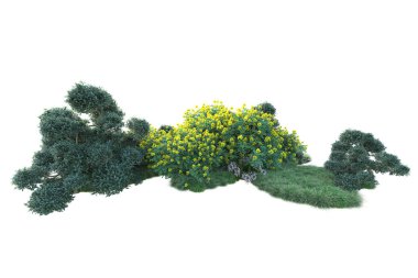 Beyaz arka planda yeşil çalılıklar izole edilmiş. Orman bitkilerinin 3D canlandırması