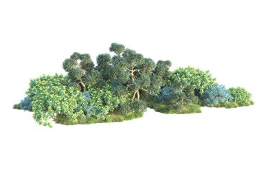 Beyaz arka planda yeşil çalılıklar izole edilmiş. Orman bitkilerinin 3D canlandırması