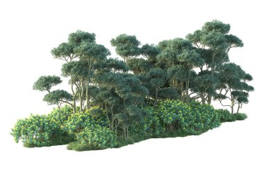 Beyaz arka planda yeşil çalılıklar izole edilmiş. Orman bitkilerinin 3D canlandırması