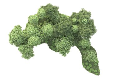 3D ağaçlar ve bahçe süslemeleri beyaz arka planda