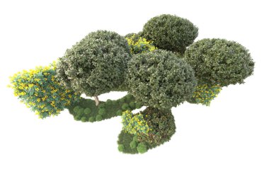 3D ağaçlar ve bahçe süslemeleri beyaz arka planda