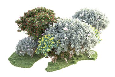 3D ağaçlar ve bahçe süslemeleri beyaz arka planda