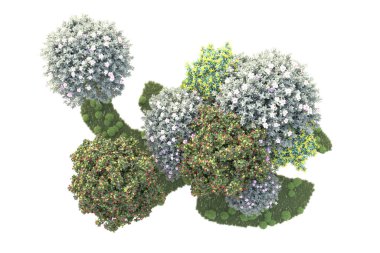 3D ağaçlar ve bahçe süslemeleri beyaz arka planda