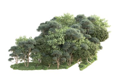 3D ağaçlar ve bahçe süslemeleri beyaz arka planda