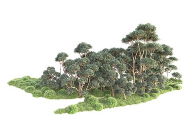 3D ağaçlar ve bahçe süslemeleri beyaz arka planda