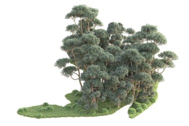 3D ağaçlar ve bahçe süslemeleri beyaz arka planda