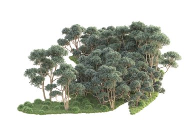 3D ağaçlar ve bahçe süslemeleri beyaz arka planda