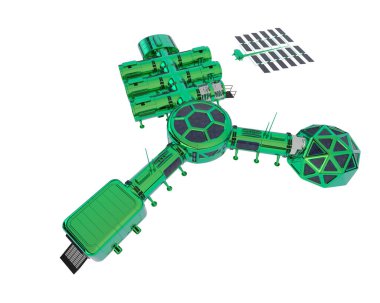 Beyaz arkaplanda 3 boyutlu fütüristik uzay istasyonu görüntüsü. Uzay Kampı 