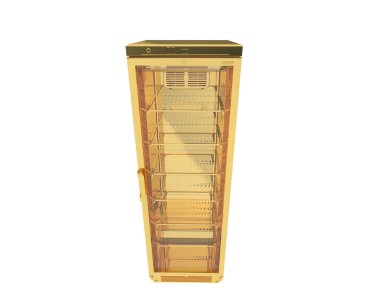 Buzdolabı, mutfak aletleri beyaz arka planda izole edilmiş.