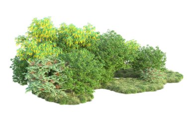 Yeşil yapraklar. Parktaki ağaçlar ve bitkiler. 3d resimleme