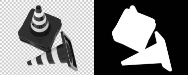 Şeffaf ve siyah arkaplanda çizgili trafik konileri