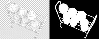 Rafta futbol ve voleybol topları, beyaz arka planda izole spor ekipmanları