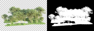 Maskeli, şeffaf arka planda yeşil ağaçlar. 3D görüntüleme. Doğa                           