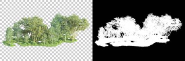 Maskeli, şeffaf arka planda yeşil ağaçlar. 3D görüntüleme. Doğa                           