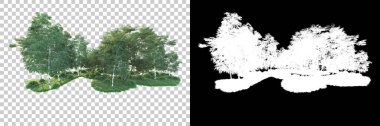 Maskeli, şeffaf arka planda yeşil ağaçlar. 3D görüntüleme. Doğa                           