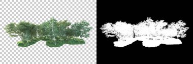 Maskeli, şeffaf arka planda yeşil ağaçlar. 3D görüntüleme. Doğa                           