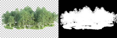 Maskeli, şeffaf arka planda yeşil ağaçlar. 3D görüntüleme. Doğa                           