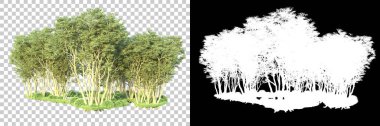 Maskeli, şeffaf arka planda yeşil ağaçlar. 3D görüntüleme. Doğa                           