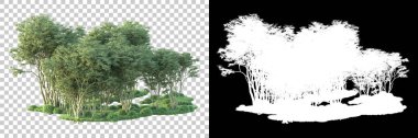 Maskeli, şeffaf arka planda yeşil ağaçlar. 3D görüntüleme. Doğa                           