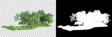 Maskeli, şeffaf arka planda yeşil ağaçlar. 3D görüntüleme. Doğa                           