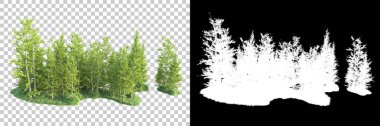 Maskeli, şeffaf arka planda yeşil ağaçlar. 3D görüntüleme. Doğa                           