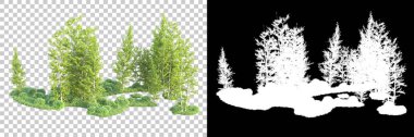 Maskeli, şeffaf arka planda yeşil ağaçlar. 3D görüntüleme. Doğa                           