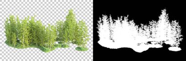 Maskeli, şeffaf arka planda yeşil ağaçlar. 3D görüntüleme. Doğa                           
