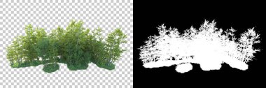 Maskeli, şeffaf arka planda yeşil ağaçlar. 3D görüntüleme. Doğa                           