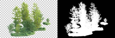Maskeli, şeffaf arka planda yeşil ağaçlar. 3D görüntüleme. Doğa                           
