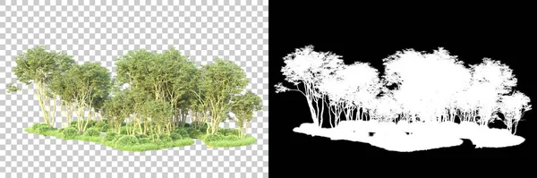 Maskeli, şeffaf arka planda yeşil ağaçlar. 3D görüntüleme. Doğa                           