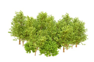 Beyaz arka planda yeşil ağaçlar. 3D görüntüleme. Doğa