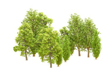 Beyaz arka planda yeşil ağaçlar. 3D görüntüleme. Doğa