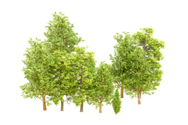 Beyaz arka planda yeşil ağaçlar. 3D görüntüleme. Doğa